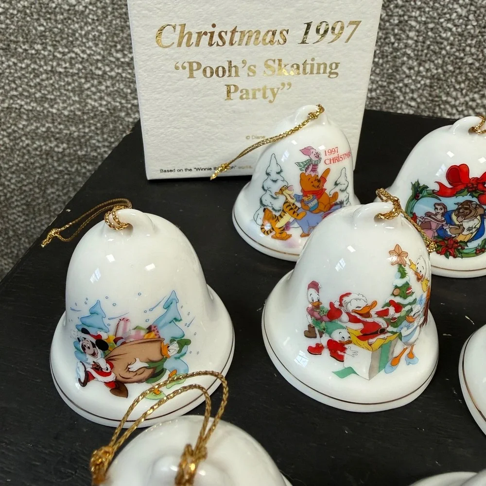 Grolier Disney Christmas 1997‎ Bell Ornaments Set of 12 White Porcelain Vintage